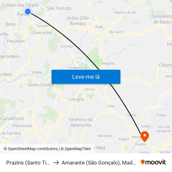 Prazins (Santo Tirso) e Corvite to Amarante (São Gonçalo), Madalena, Cepelos e Gatão map