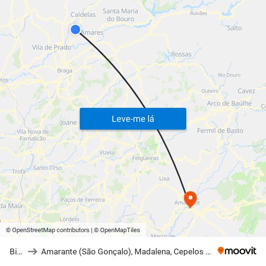 Bico to Amarante (São Gonçalo), Madalena, Cepelos e Gatão map