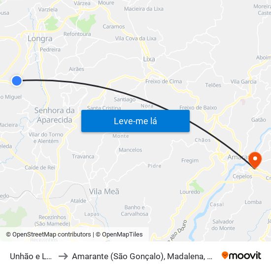 Unhão e Lordelo to Amarante (São Gonçalo), Madalena, Cepelos e Gatão map