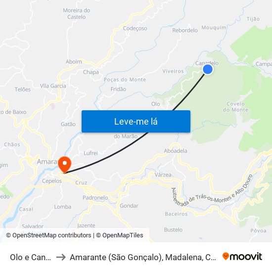 Olo e Canadelo to Amarante (São Gonçalo), Madalena, Cepelos e Gatão map