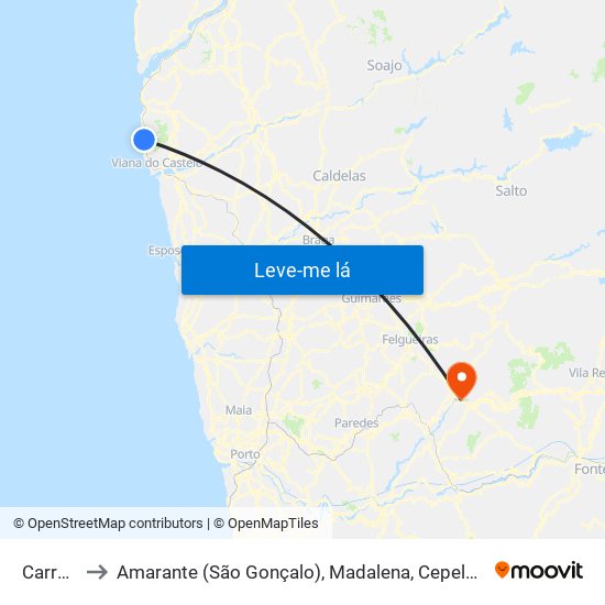 Carreço to Amarante (São Gonçalo), Madalena, Cepelos e Gatão map