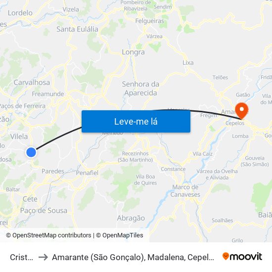 Cristelo to Amarante (São Gonçalo), Madalena, Cepelos e Gatão map