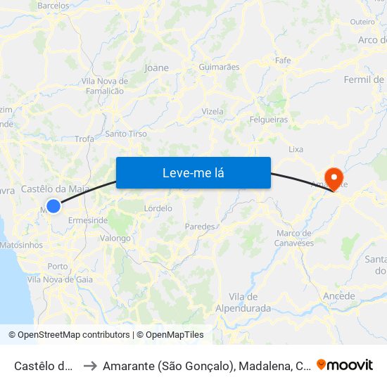 Castêlo da Maia to Amarante (São Gonçalo), Madalena, Cepelos e Gatão map