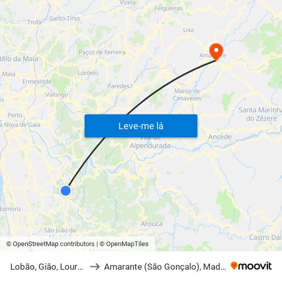Lobão, Gião, Louredo e Guisande to Amarante (São Gonçalo), Madalena, Cepelos e Gatão map