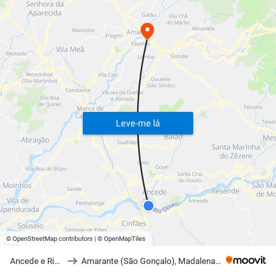 Ancede e Ribadouro to Amarante (São Gonçalo), Madalena, Cepelos e Gatão map