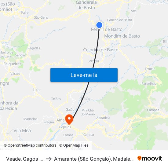 Veade, Gagos e Molares to Amarante (São Gonçalo), Madalena, Cepelos e Gatão map