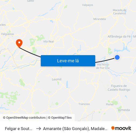 Felgar e Souto da Velha to Amarante (São Gonçalo), Madalena, Cepelos e Gatão map