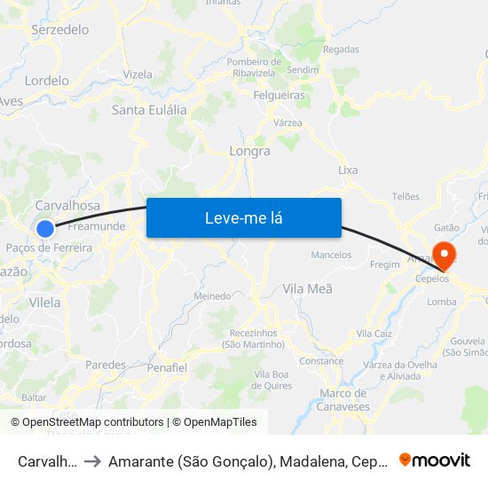 Carvalhosa to Amarante (São Gonçalo), Madalena, Cepelos e Gatão map