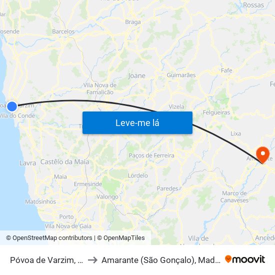 Póvoa de Varzim, Beiriz e Argivai to Amarante (São Gonçalo), Madalena, Cepelos e Gatão map