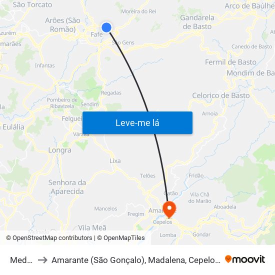 Medelo to Amarante (São Gonçalo), Madalena, Cepelos e Gatão map
