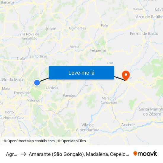 Agrela to Amarante (São Gonçalo), Madalena, Cepelos e Gatão map