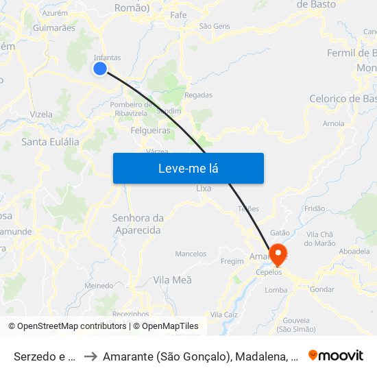 Serzedo e Calvos to Amarante (São Gonçalo), Madalena, Cepelos e Gatão map