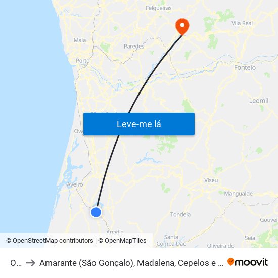 Oiã to Amarante (São Gonçalo), Madalena, Cepelos e Gatão map