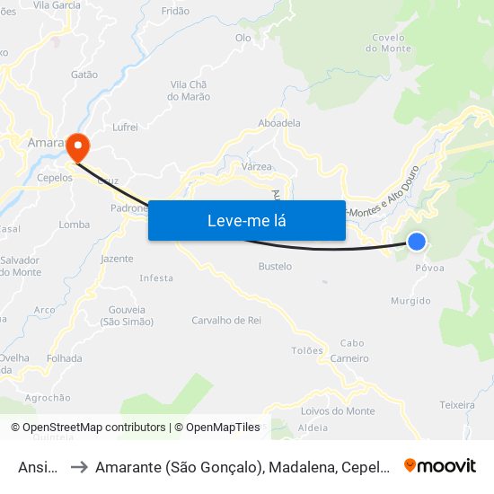 Ansiāes to Amarante (São Gonçalo), Madalena, Cepelos e Gatão map