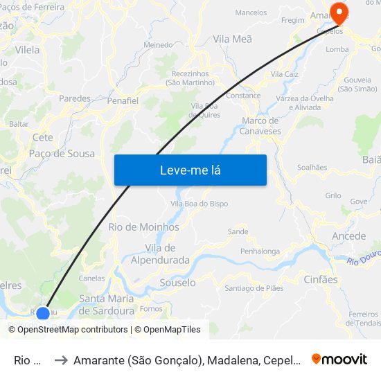 Rio Mau to Amarante (São Gonçalo), Madalena, Cepelos e Gatão map