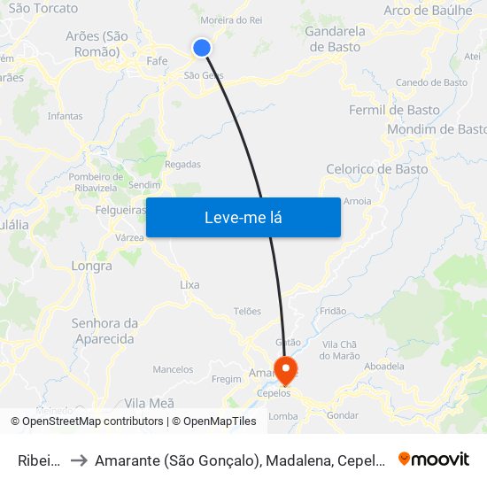 Ribeiros to Amarante (São Gonçalo), Madalena, Cepelos e Gatão map