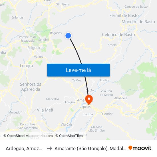 Ardegão, Arnozela e Seidões to Amarante (São Gonçalo), Madalena, Cepelos e Gatão map