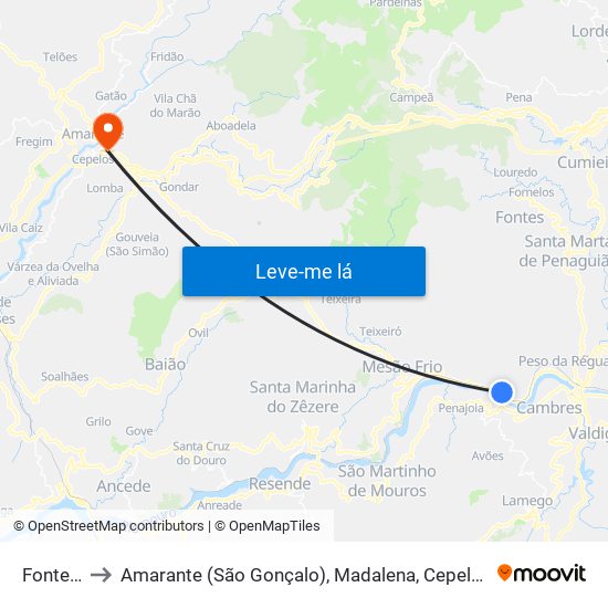 Fontelas to Amarante (São Gonçalo), Madalena, Cepelos e Gatão map