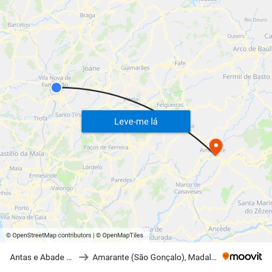 Antas e Abade de Vermoim to Amarante (São Gonçalo), Madalena, Cepelos e Gatão map