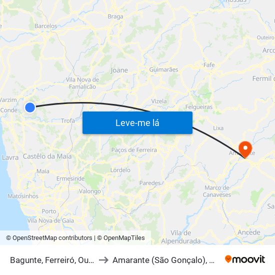 Bagunte, Ferreiró, Outeiro Maior e Parada to Amarante (São Gonçalo), Madalena, Cepelos e Gatão map