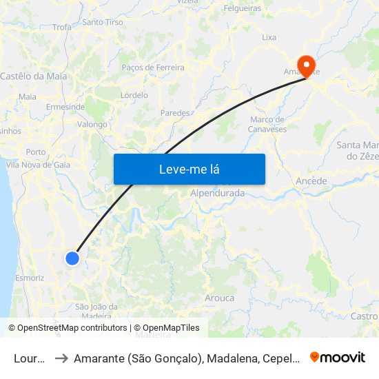 Lourosa to Amarante (São Gonçalo), Madalena, Cepelos e Gatão map