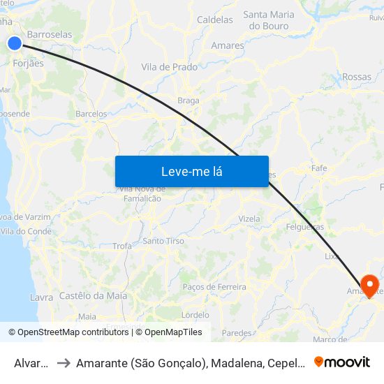 Alvarães to Amarante (São Gonçalo), Madalena, Cepelos e Gatão map