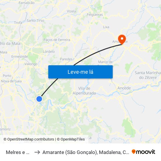 Melres e Medas to Amarante (São Gonçalo), Madalena, Cepelos e Gatão map