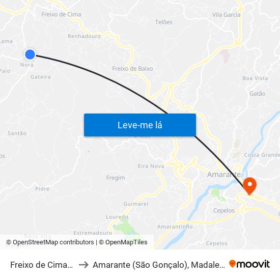 Freixo de Cima e de Baixo to Amarante (São Gonçalo), Madalena, Cepelos e Gatão map