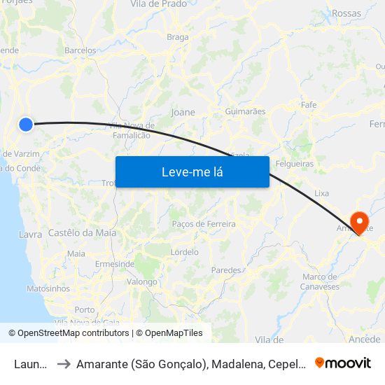 Laundos to Amarante (São Gonçalo), Madalena, Cepelos e Gatão map