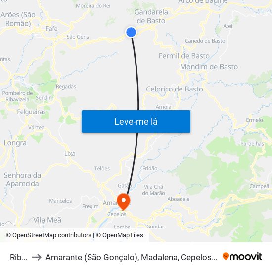 Ribas to Amarante (São Gonçalo), Madalena, Cepelos e Gatão map