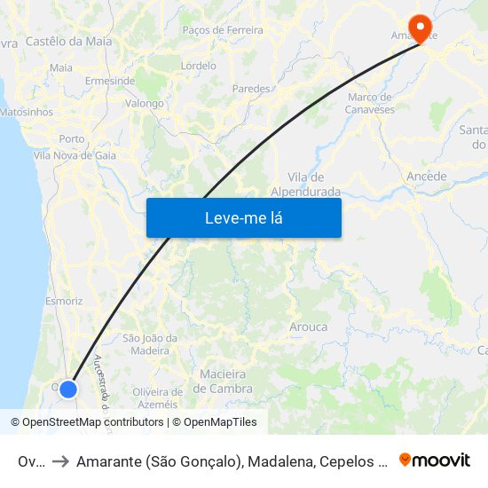 Ovar to Amarante (São Gonçalo), Madalena, Cepelos e Gatão map