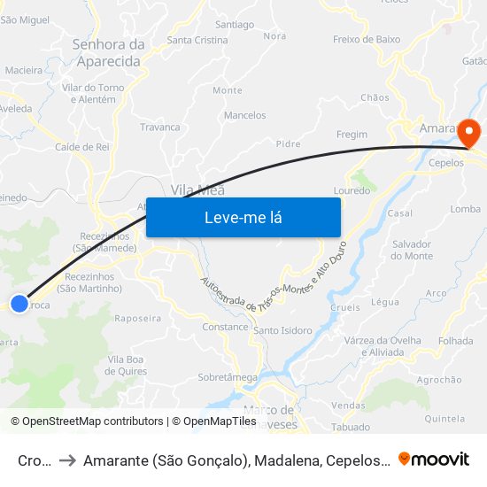 Croca to Amarante (São Gonçalo), Madalena, Cepelos e Gatão map