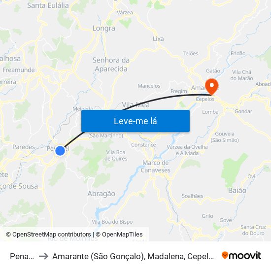 Penafiel to Amarante (São Gonçalo), Madalena, Cepelos e Gatão map