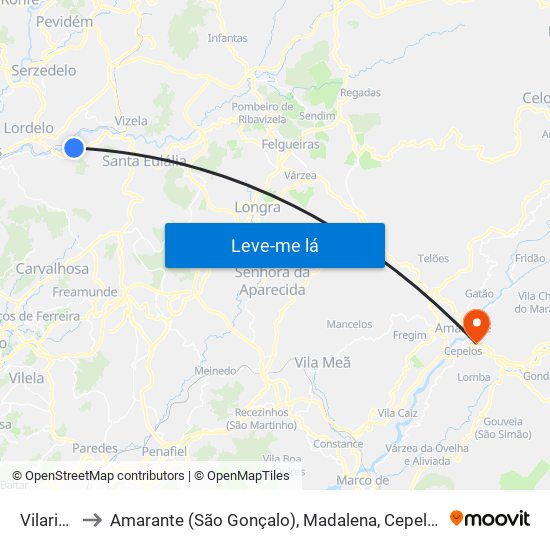 Vilarinho to Amarante (São Gonçalo), Madalena, Cepelos e Gatão map