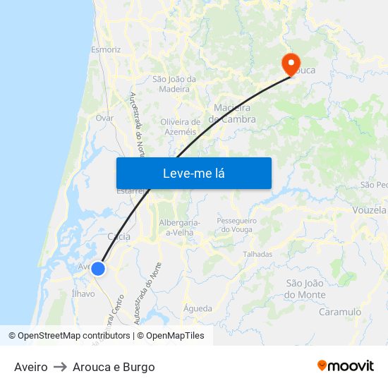 Aveiro to Arouca e Burgo map