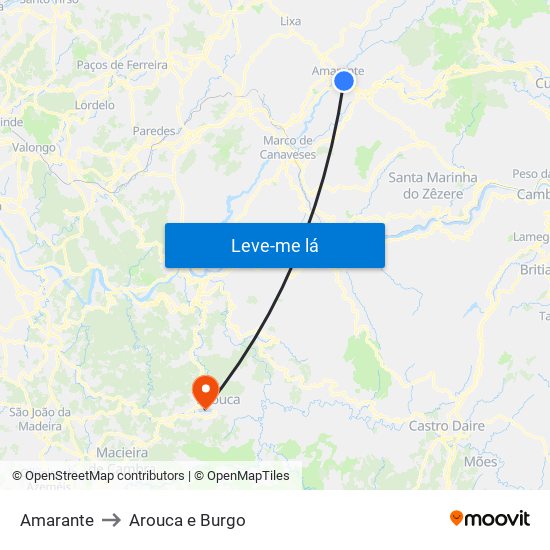 Amarante to Arouca e Burgo map