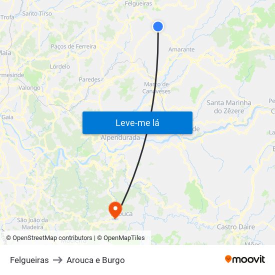 Felgueiras to Arouca e Burgo map