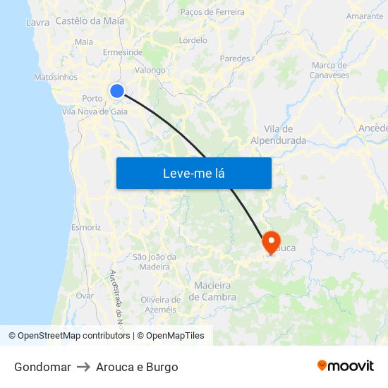 Gondomar to Arouca e Burgo map