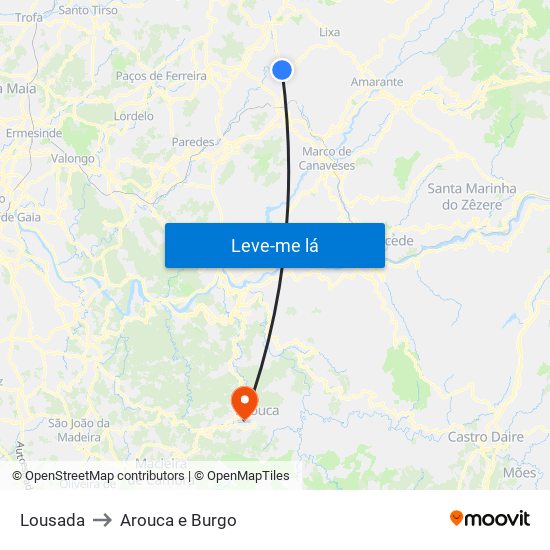 Lousada to Arouca e Burgo map