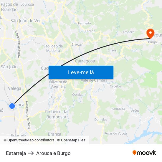 Estarreja to Arouca e Burgo map