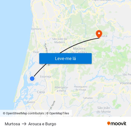 Murtosa to Arouca e Burgo map