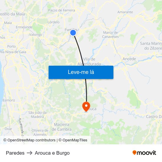 Paredes to Arouca e Burgo map