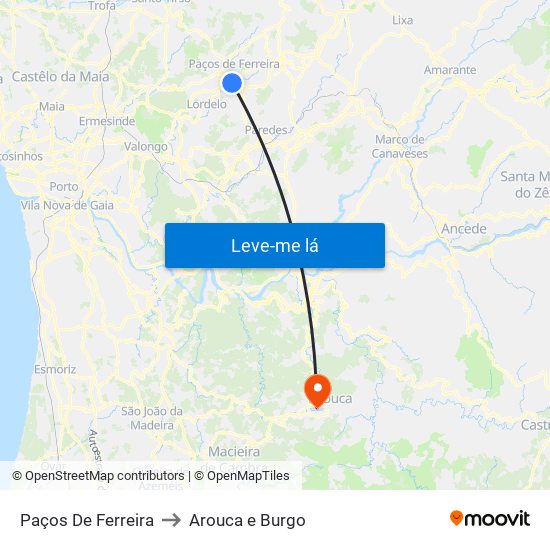 Paços De Ferreira to Arouca e Burgo map