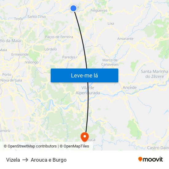 Vizela to Arouca e Burgo map