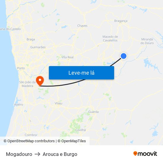 Mogadouro to Arouca e Burgo map