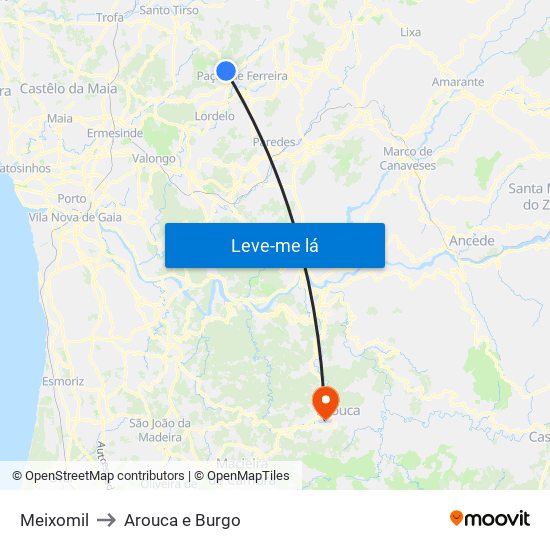 Meixomil to Arouca e Burgo map