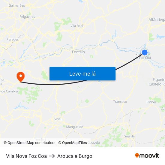 Vila Nova Foz Coa to Arouca e Burgo map