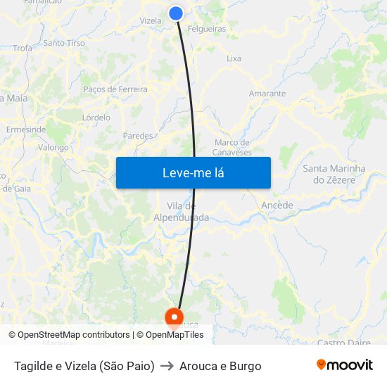 Tagilde e Vizela (São Paio) to Arouca e Burgo map