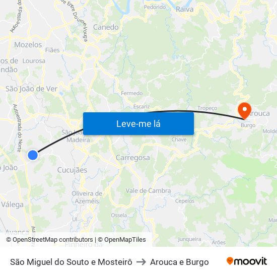 São Miguel do Souto e Mosteirô to Arouca e Burgo map