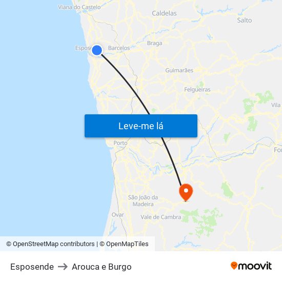 Esposende to Arouca e Burgo map